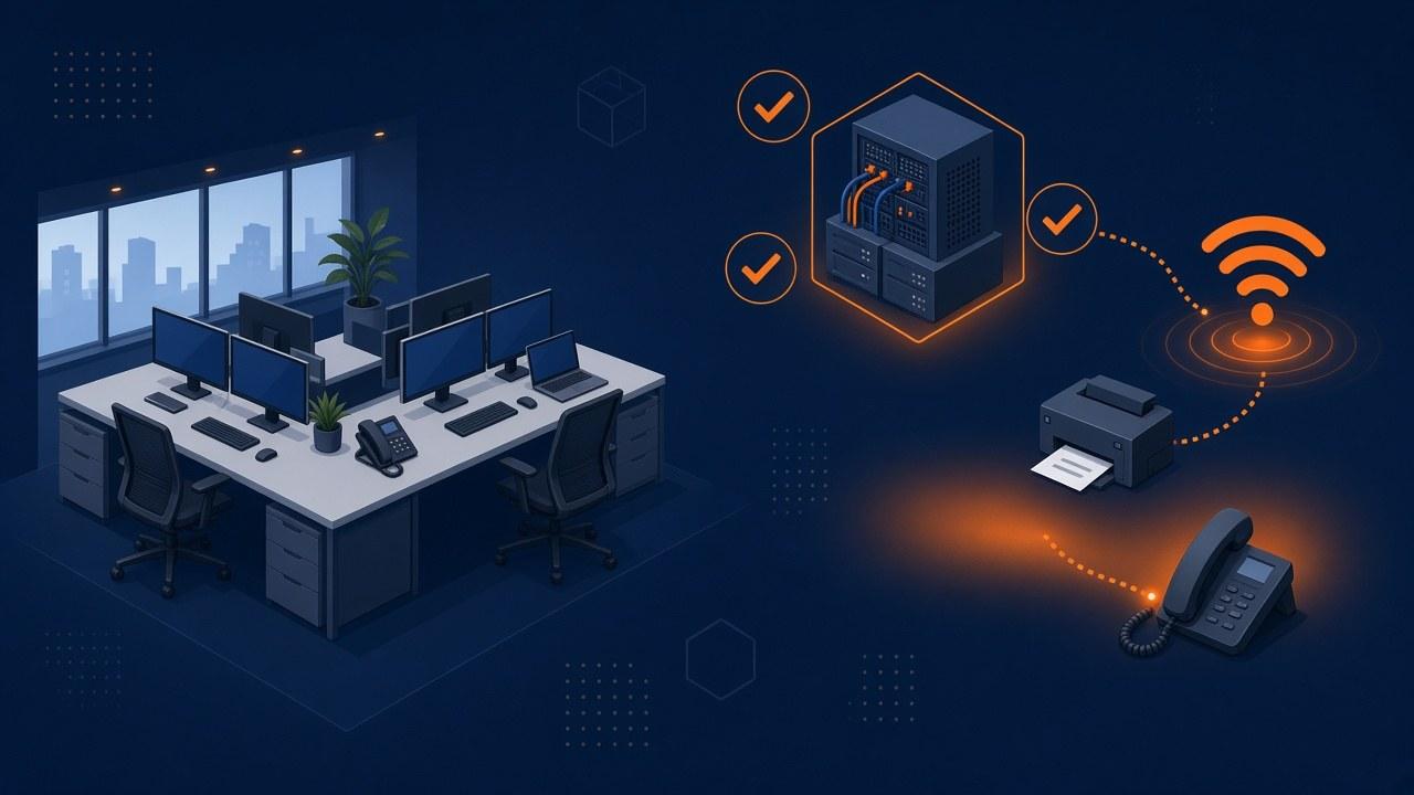 Branded cover showing validated workstations and network gear after an office move