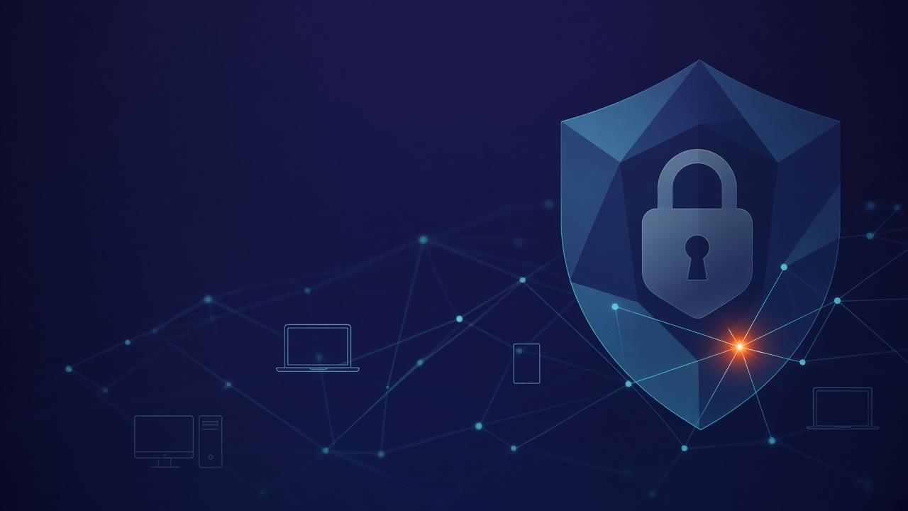 Branded cover graphic for small-office cybersecurity basics with shield motif