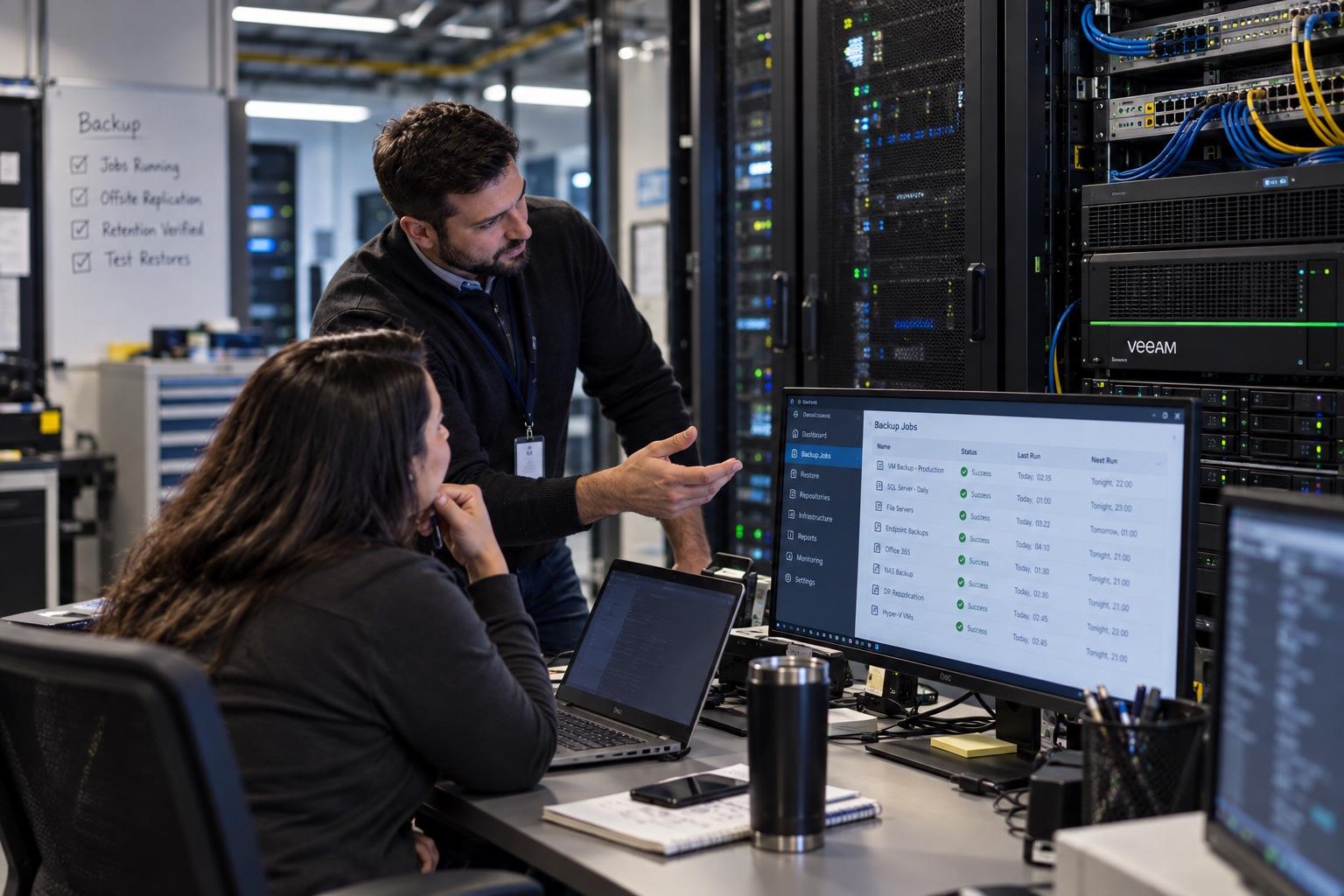 IT professional reviewing backup status on dual monitors