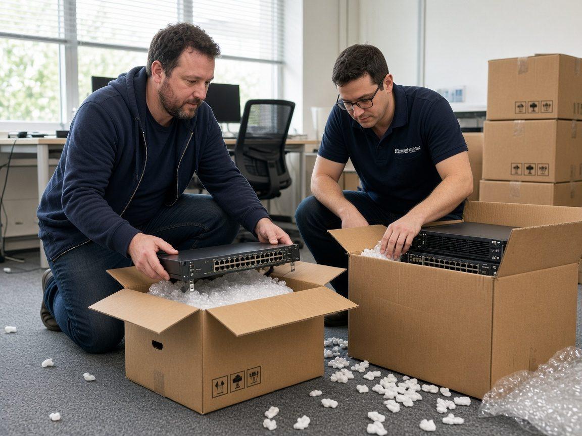 Technicians unpacking network equipment during an office project