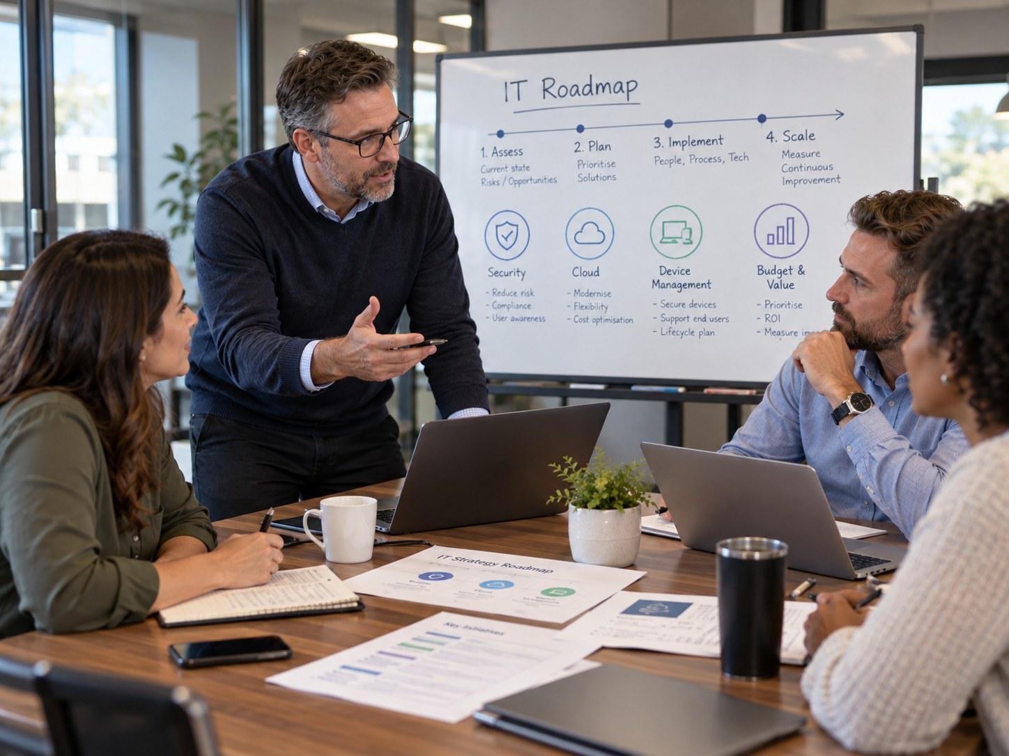 Advisor meeting with a business owner at a conference table