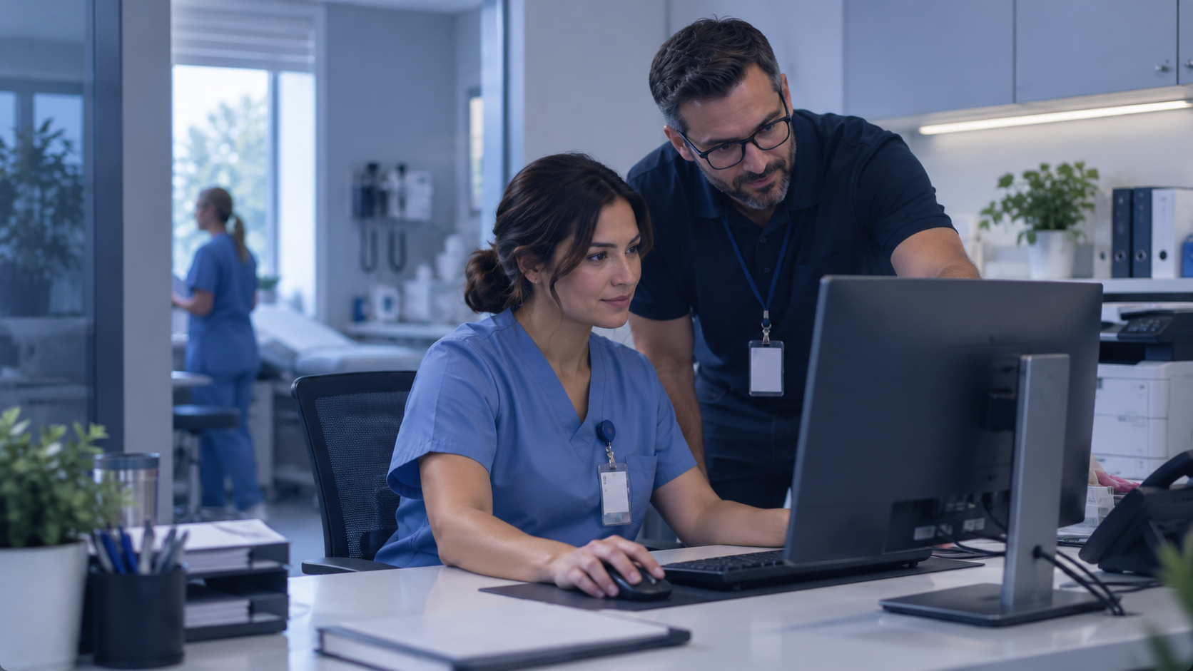Clinician using a laptop at a workstation in a modern healthcare office
